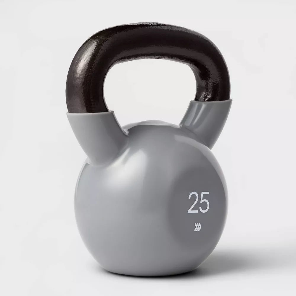 Gray iron kettlebell 25lb non-slip vinyl coated no-roll base for total body home gym