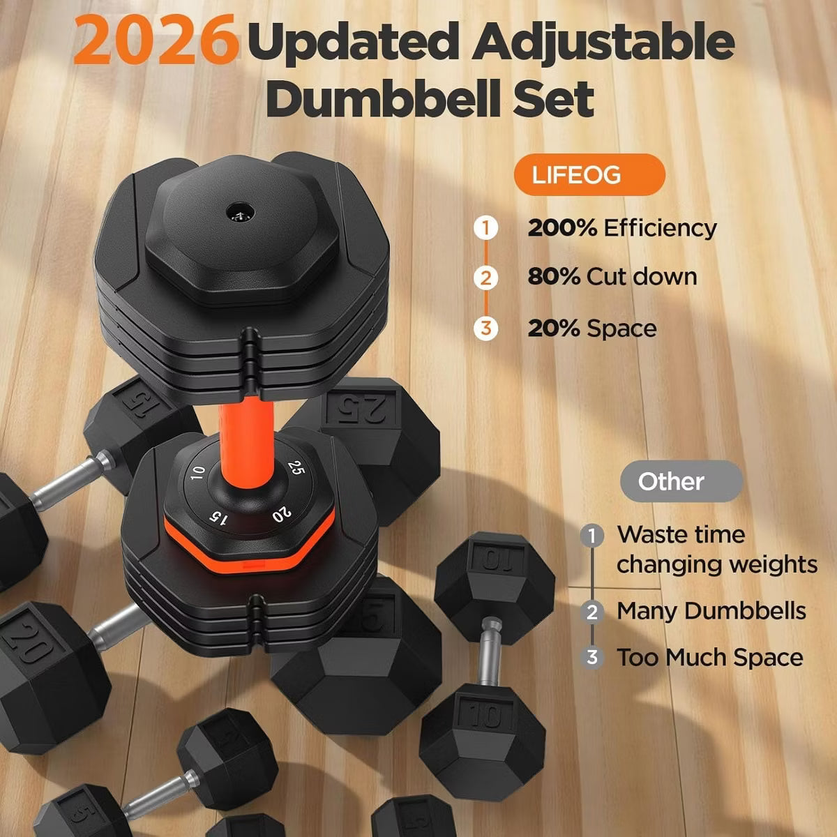 50lb adjustable dumbbell set pair with storage tray and anti-slip silicone grip