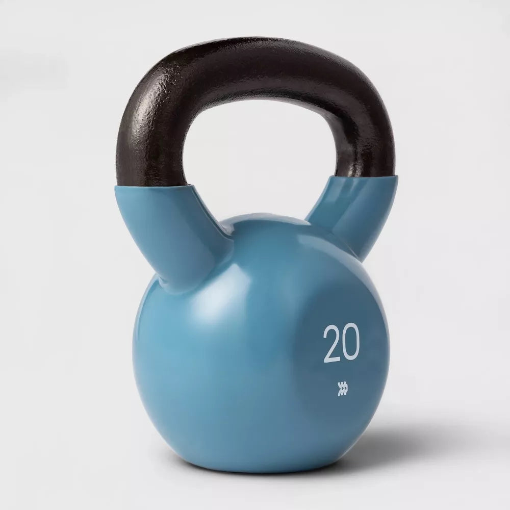 Blue iron kettlebell 20lb non-slip vinyl coated no-roll base for total body home gym