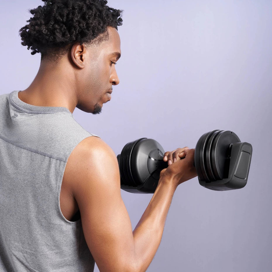 25lb adjustable dumbbell single piece with storage tray and multiple weight options