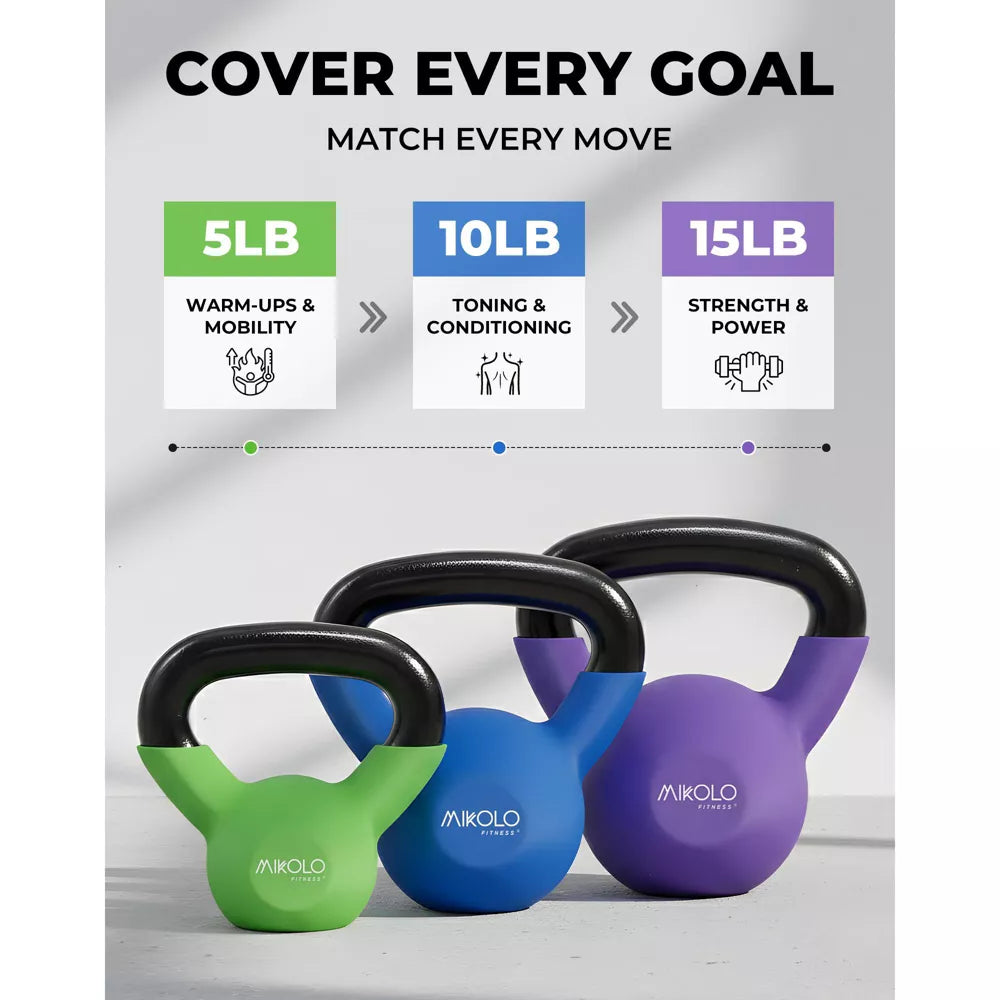 Neoprene Coated Cast Iron Kettlebell Set 5/10/15lb