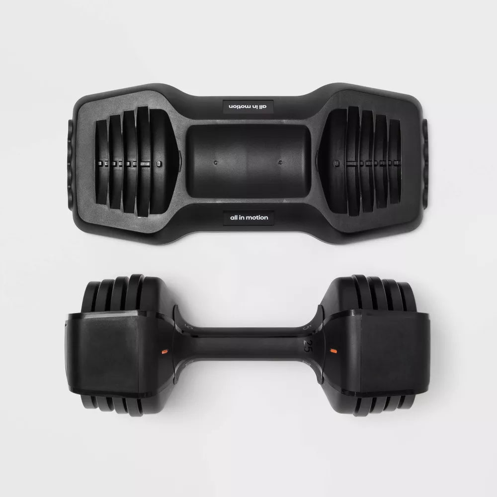 25lb adjustable dumbbell single piece with storage tray and multiple weight options