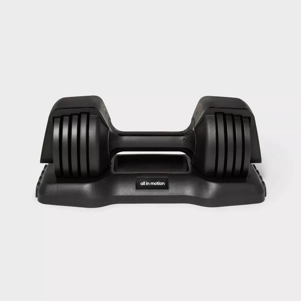25lb adjustable dumbbell single piece with storage tray and multiple weight options