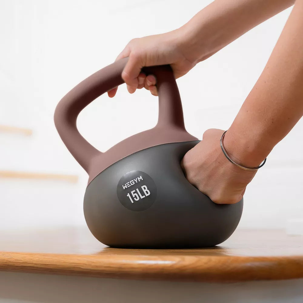20lb soft rose kettlebell with wide anti-slip handle and floor-safe soft base for home gym